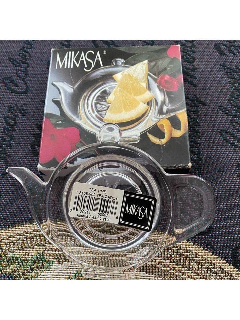 NIB Mikasa “Tea Time” Lead Crystal Teapot Caddy – Spoon Rest / Tea Bag Holder –